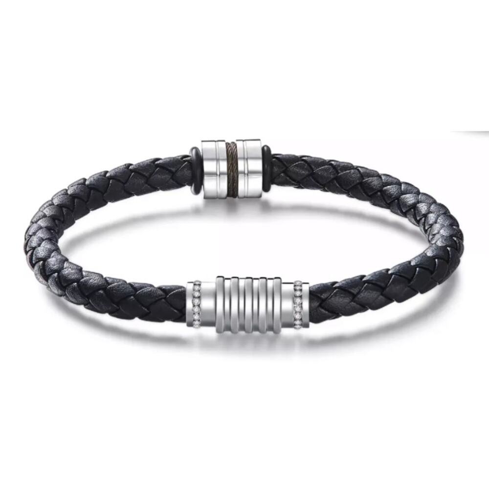 Nic & Syd Braided Leather Silver Barrel Bracelet NIB